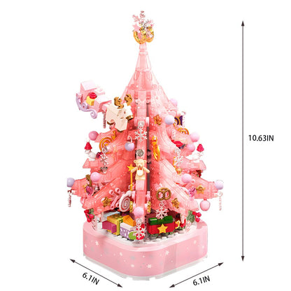 Pink Crystal Christmas Tree Building Block Set Music Box with LED Light Rotating Xmas Bricks Toy for Girls Ages 6+ Musical Blocks Toy