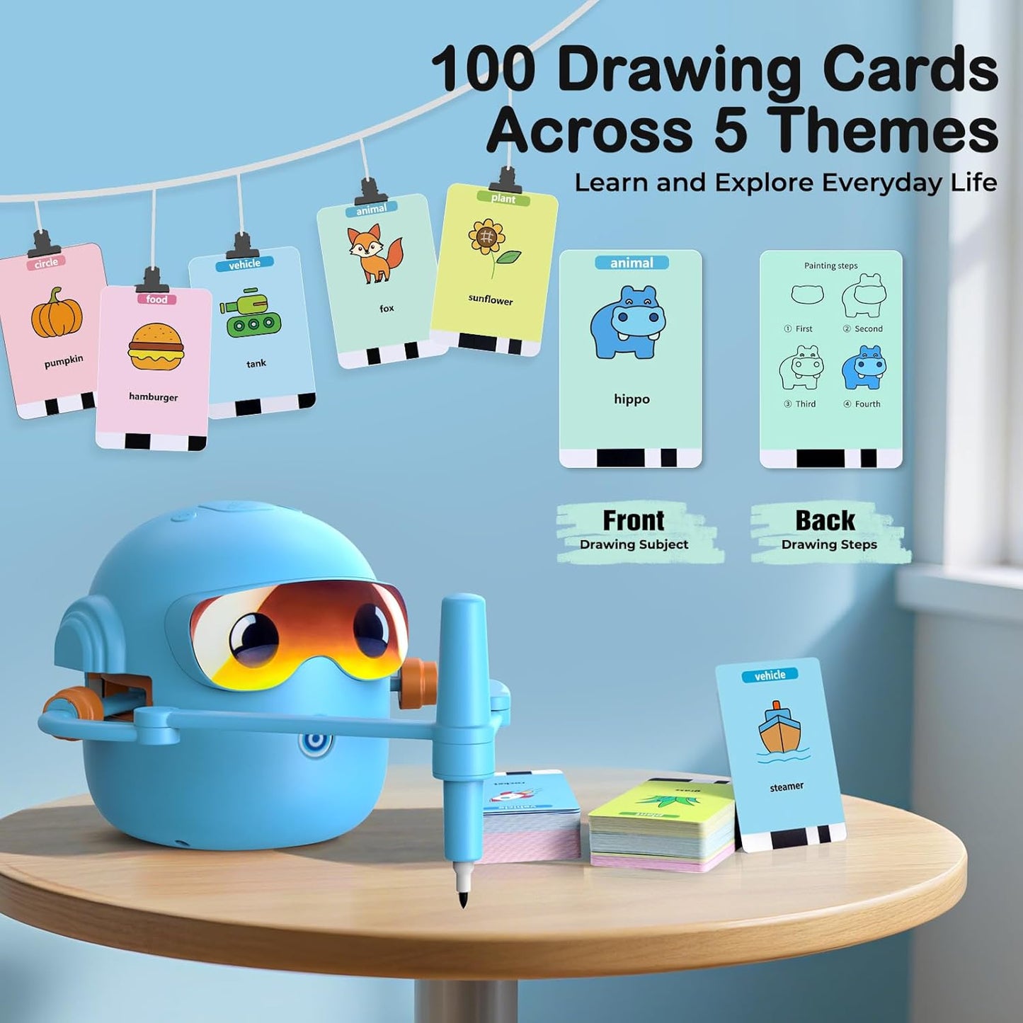 Drawing Robot for Boys Girls Montessori Painting Toys for 3 4 5 6 7 8 Year Old, Voice Interactive Educational Drawing Machine with 100 Cards, Blue