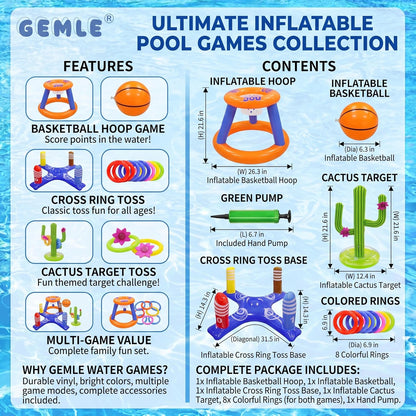Pool Toys Games Set,Pool Basketball Hoop Inflatable Cross Ring Toss Game and Inflatable Cactus Kids for Teens Adults and Family (3 Set Water Toys)